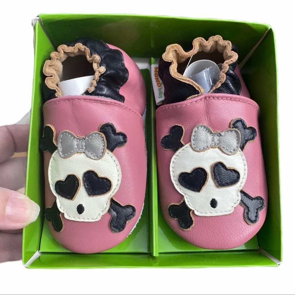 Momo Soft Sole Leather Baby Shoes Pink Skull Bow Size 12 to 18 months